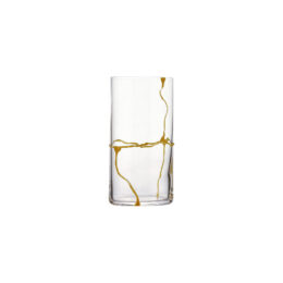 Drinking glass decorated with gold resin embossing to reproduce the Japanese Kintsugi effect