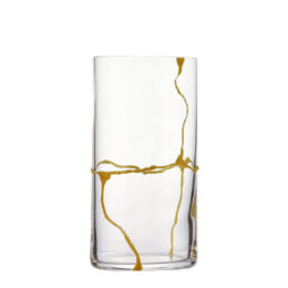 Bicchiere da bibita decorato con resina oro in rilievo a riprodurre l'effetto Giapponese del Kintsugi