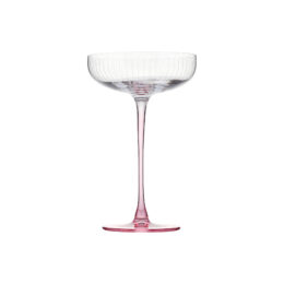 Ophelia sparkling wine glass, with pink gradient stem and laser-engraved equidistant lines decorating the bowl